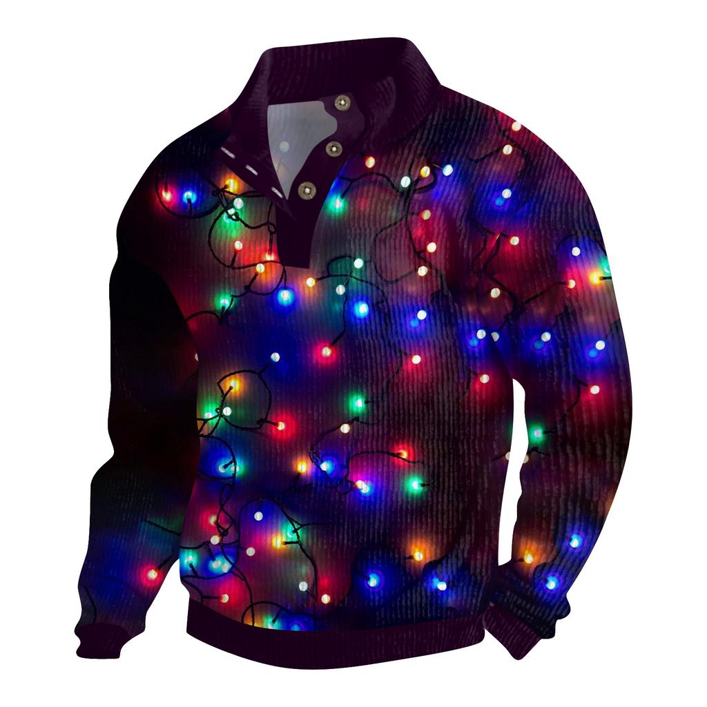 Men's Christmas Cotton Pullover Long Sleeve Outdoor Shirt Vintage Corduroy Button Stand Collar Shirt Casual Sweatshirt Christmas Print Top