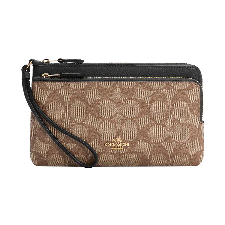 New COACH Corner Zip Leather Clutch Card Holder, Wallet Wrist Bag Regular Women's Brown & Black C5576-IMCBI