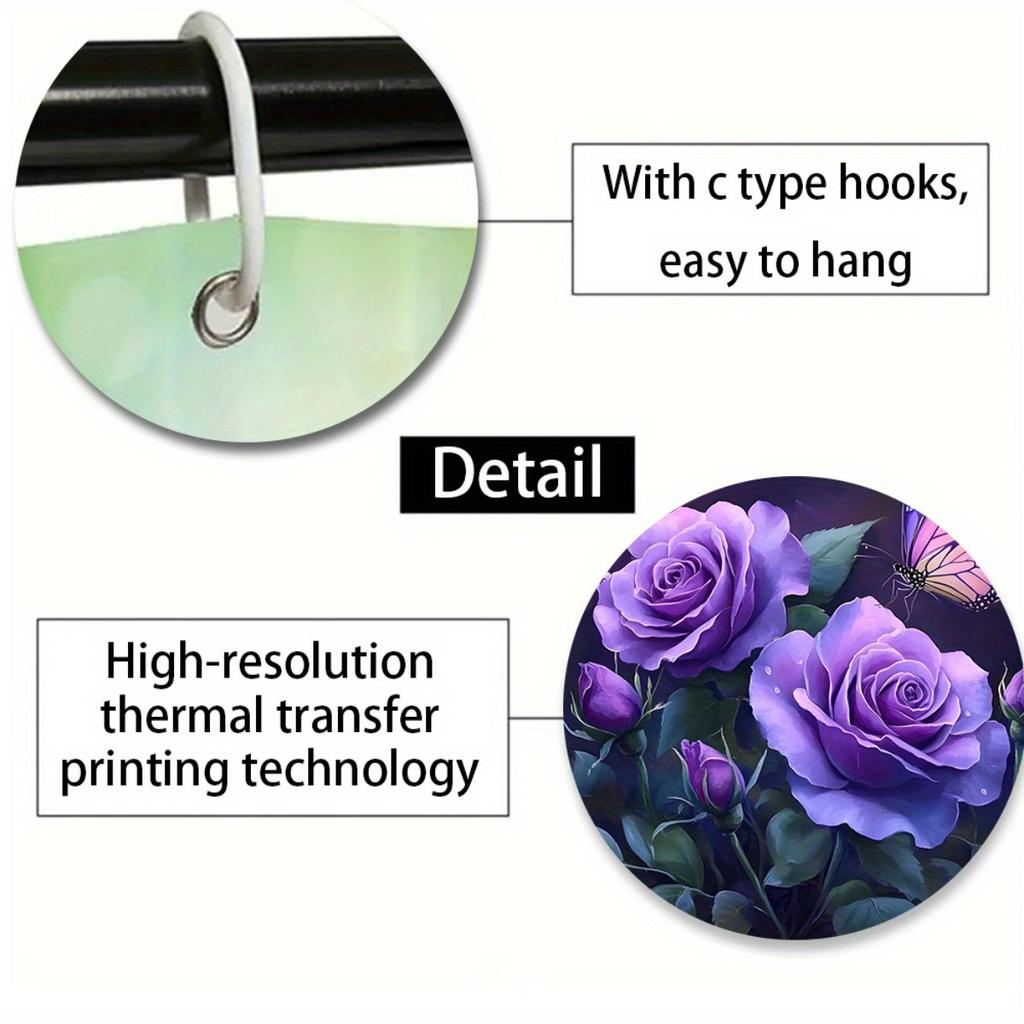 1/4Pcs Bathroom Shower Curtain Set Purple Rose Print Bathroom Curtain With 12 Hooks Non Slip Rugs Toilet Cover Mat Bathroom Partition