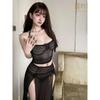 Silk, Sensual Strapless Hot Mesh Lace Sheer Seductive Long Slit Skirt Neck Hanging Clothing Two Piece Skirt Set Mesh Sheer KJU8