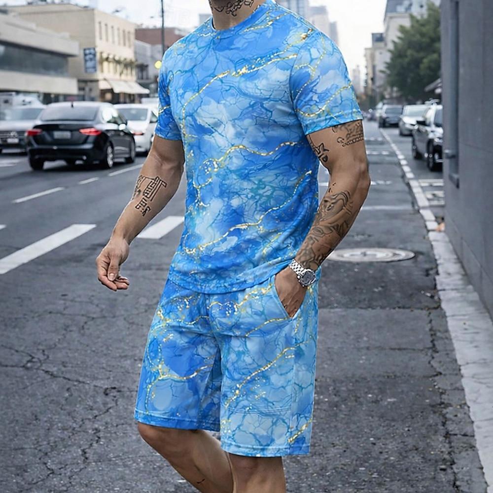 

Men s Marble 2pcs Tees sets Summer Tops Neck Sport Casual Trendy Outdoor Vacation Going out 3D Print Summer Blue Purple Green S