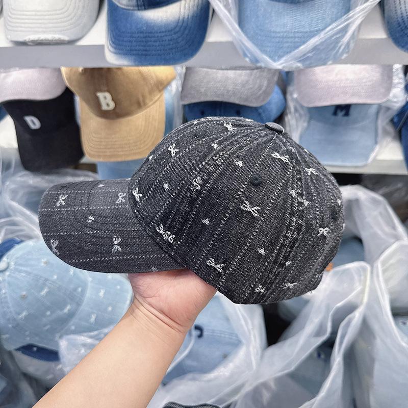 New Korean-style bowknot denim baseball cap for women with wide brim and large head circumference