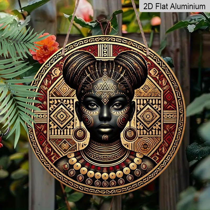 2D Flat 1pc African Tribal Woman Round Metal Sign, 8x8 in, Printed Aluminium Wall Art, Rustic Farmhouse Door Decor for Home, Room, Street, Shop
