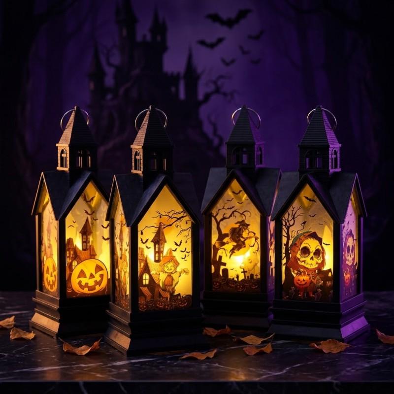 Halloween Decorative Lantern With Castle Pumpkin Witch Scarecrow Skeleton Design Battery Operated LED Candle Light Party Home