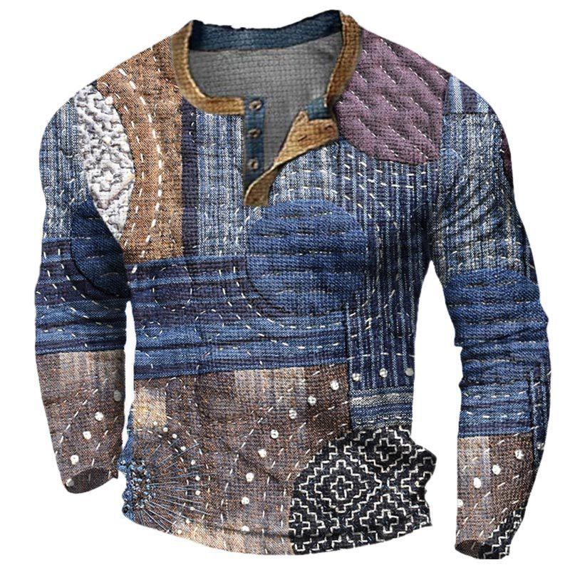 Vintage Herren Sweatshirts Patchwork 3D-Druck Langarm Henley-Kragen Tops Übergröße Herrenbekleidung Pullover