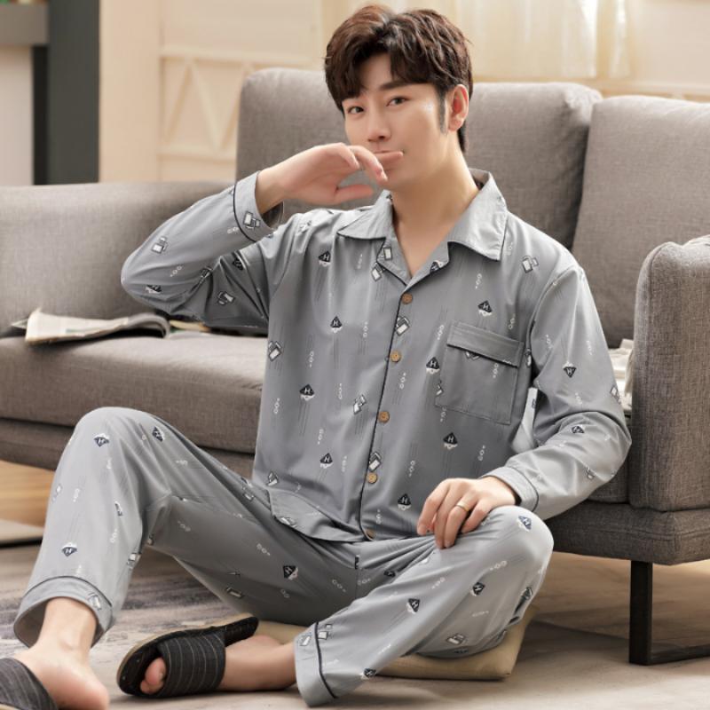 Plus Size Faux Cotton Print Men's Pajamas Korean Ins Autumn Y2k Male Nightwear