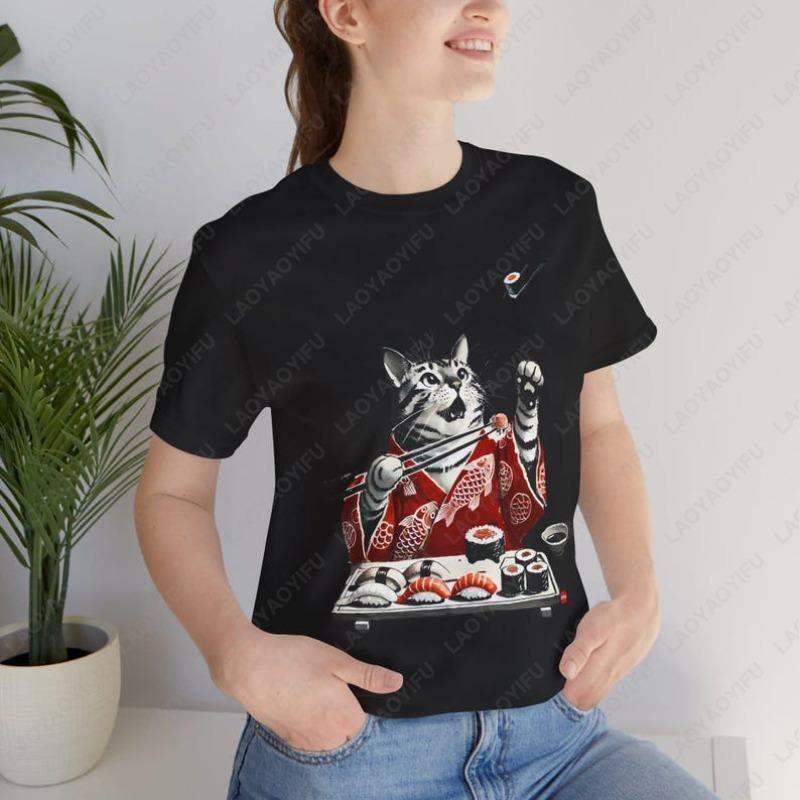 Kawaii Cat Sushi Creative Trend Unisex Adult Cotton TShirt Japanese Food Oneck Printed Tops Japan Holiday Gift Women Shirt S