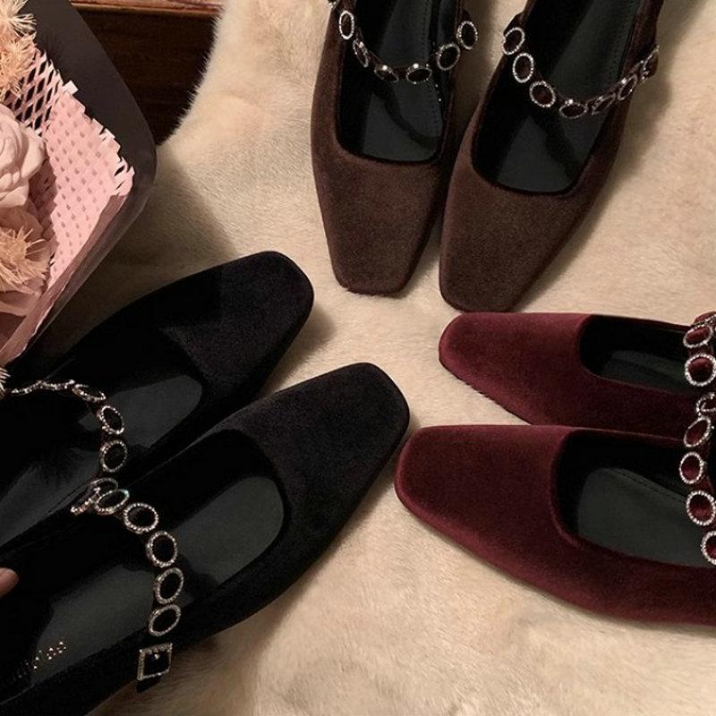 Fashion Flat Shoes for Women 2025 Spring and Autumn French Square Toe Shallow Mouth Diamond Low Heel Suede Mary Jane Shoe