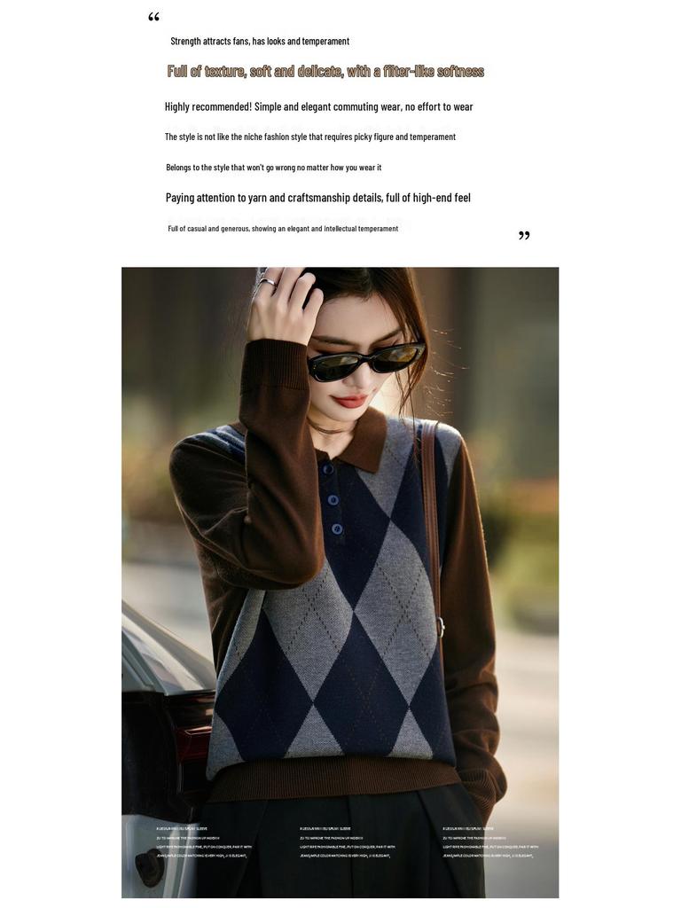 Women's 2025 Autumn/Winter Retro Argyle Patchwork Polo Collar Knitted Sweater - Loose Casual Fit