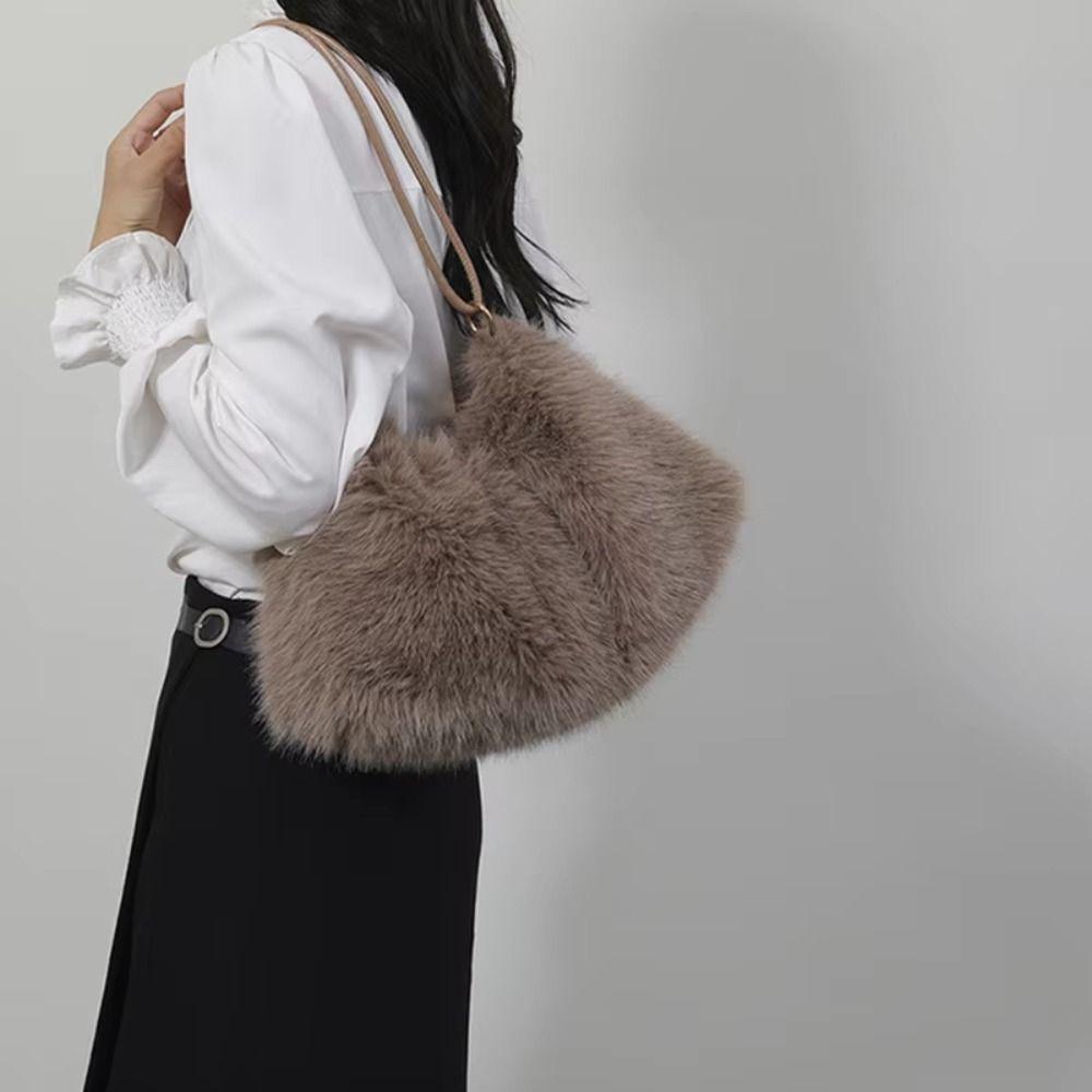 Soft Faux Fur Hobo Bag Warm Women Handbag Retro Plush Tote Bag Autumn Winter