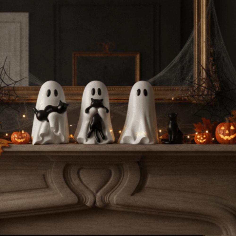 Cute Style Spooky Ghost Statue Smooth Surface Halloween Table Decor Ghost Cat Ornament Office Desk