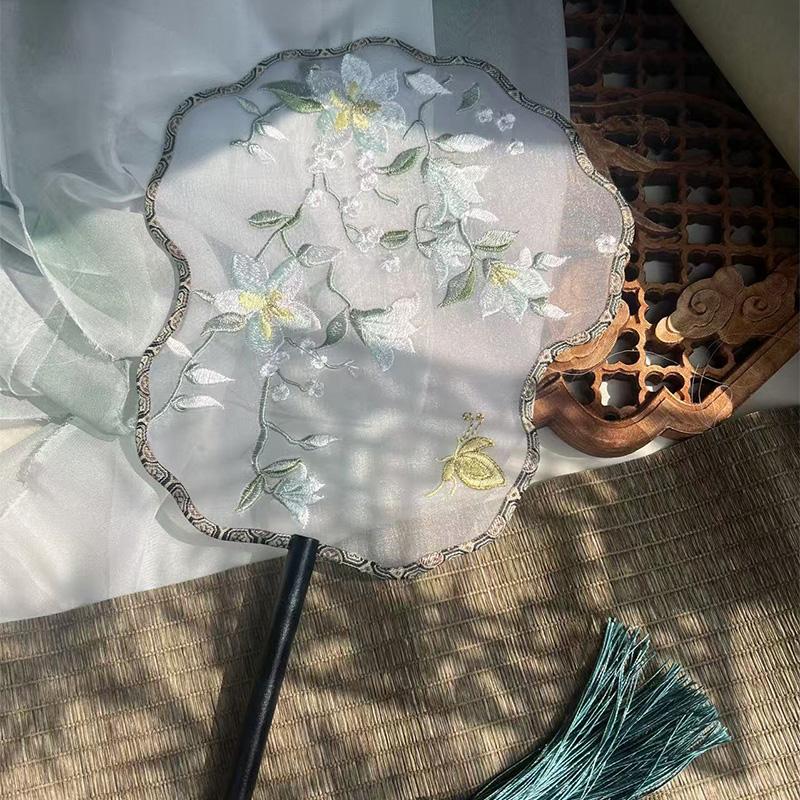 Chinese Style Hanfu Ancient Fan Dance Shooting Long Handled Embroidered Classical Double Sided Fan Female Decorative Fan