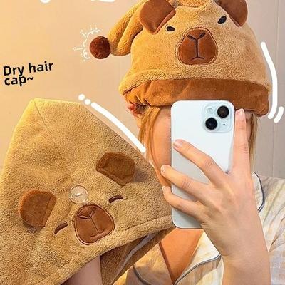 Capybara Dry Hair Cap Coral Fleece Quick Dry Towel Super Absorbent Capybara Head Turban Cute Animal Soft Hair Wraps for Women