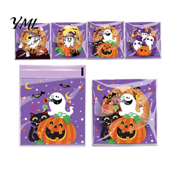 Small Plastic Bags for Treats 100 Pcs Halloween Treat Bags, Self Adhesive Seal Clear Candy Dessert Cute Cartoon Pouches Cookie Trick or Party