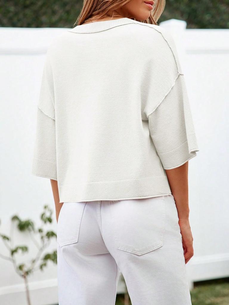 Women's Cropped Button Down Cardigan Sweater Half Sleeve Lightweight Ribbed Knit Top