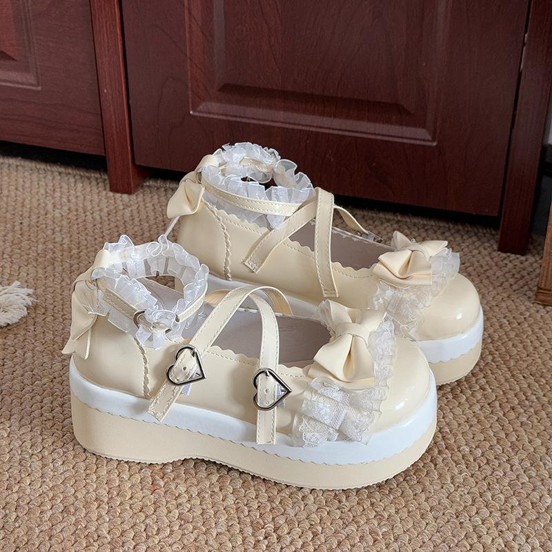 Sweet and cool muffin platform small leather shoes women's 2025 new summer Japanese bow Mary Jane lolita single shoes