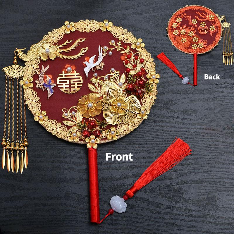 Vintage Chinese Wedding Dress Hanfu Decorative Fans Bridal Round Hand Fans Dragon Phoenix Handmade Gold Red Photography Fan Prop