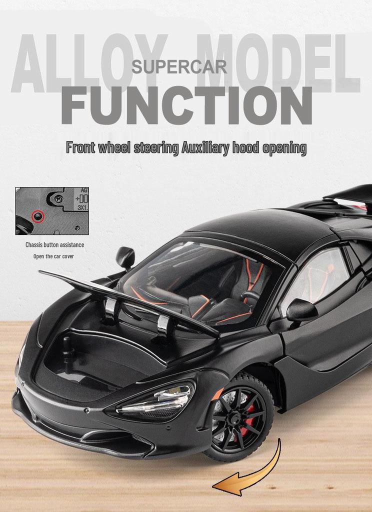 1:24 McLaren 720S Alloy Sports Car Model Toy with Sound & Light, Pull-Back Action, and Opening Four Doors.