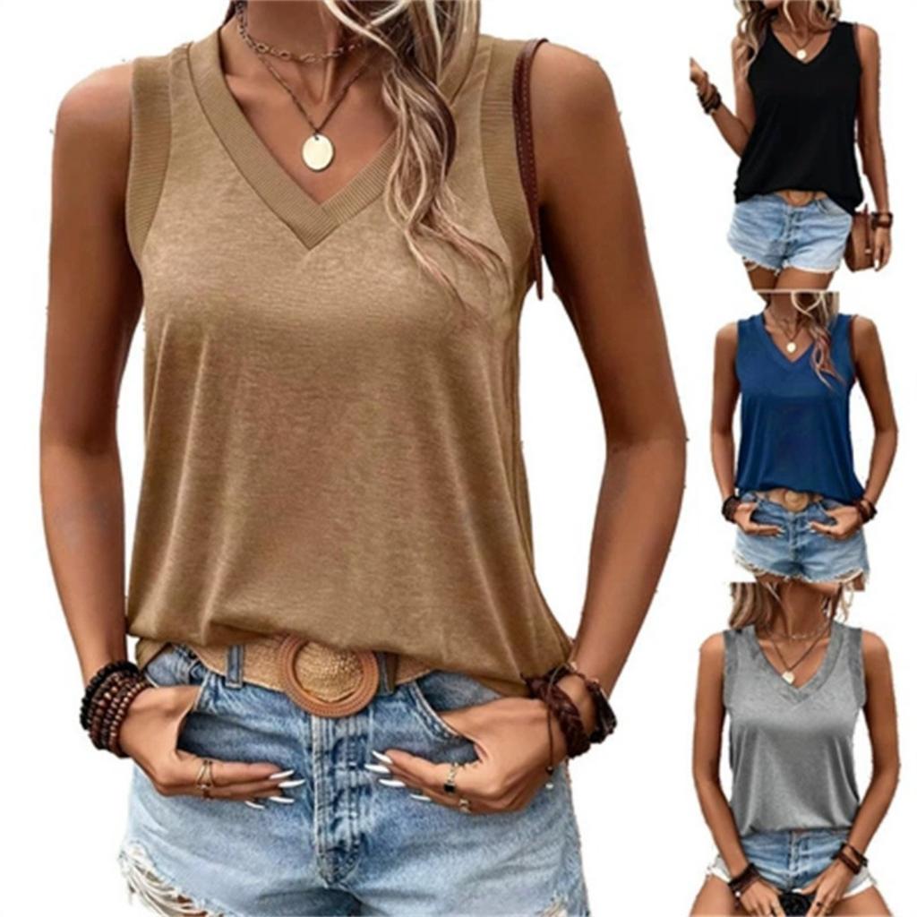 Damen locker V-Ausschnitt atmungsaktiv Baumwolle ärmellos Weste Tanktop, lässiges bequemes Sommer-T-Shirt für Damen Europäisch Amerikanisch grenzüberschreitend Heißer Verkauf