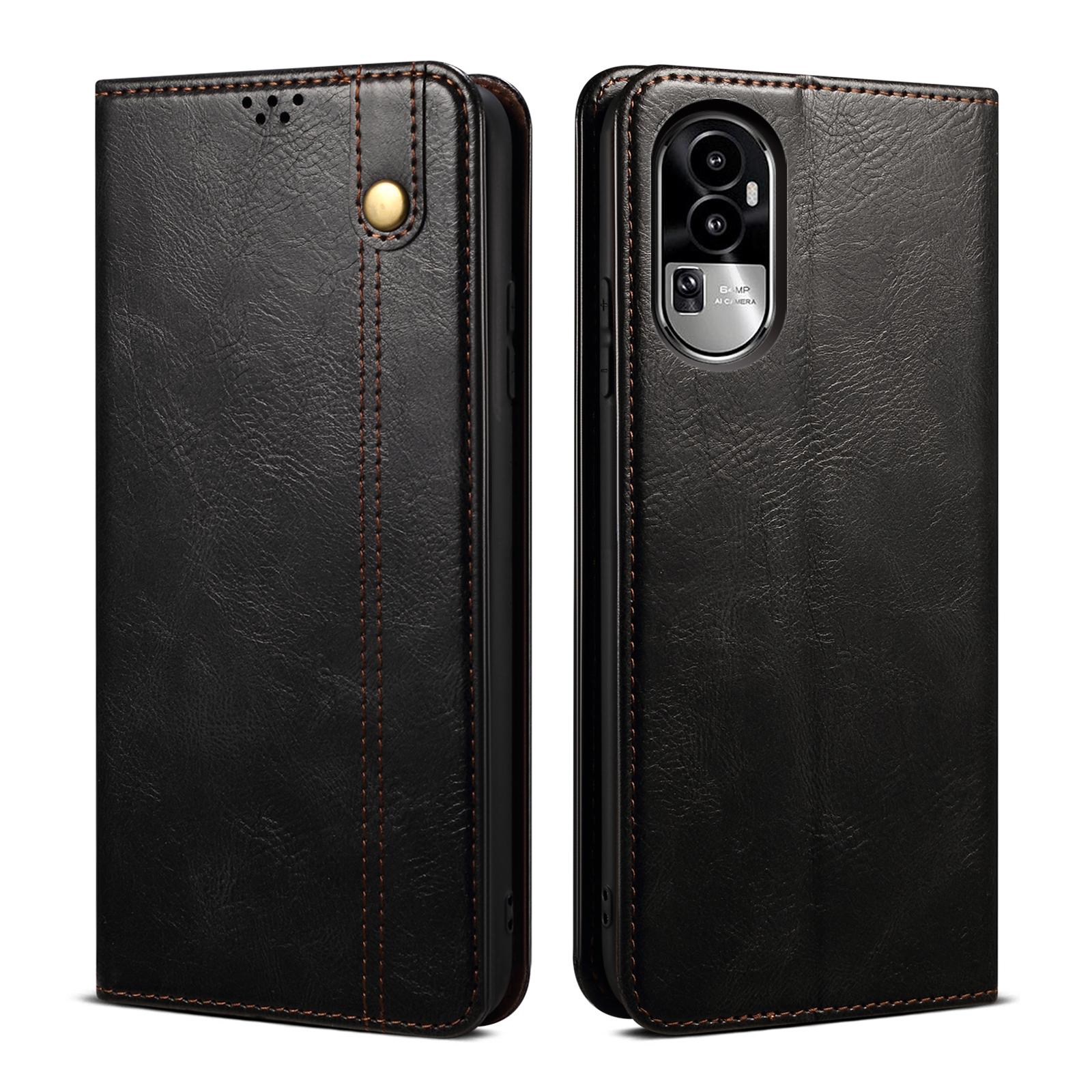 

For Oppo Reno10 Pro 5G (Global) Waxy Crazy Horse Texture Cell Phone Cover PU Leather Wallet Stand Case Black