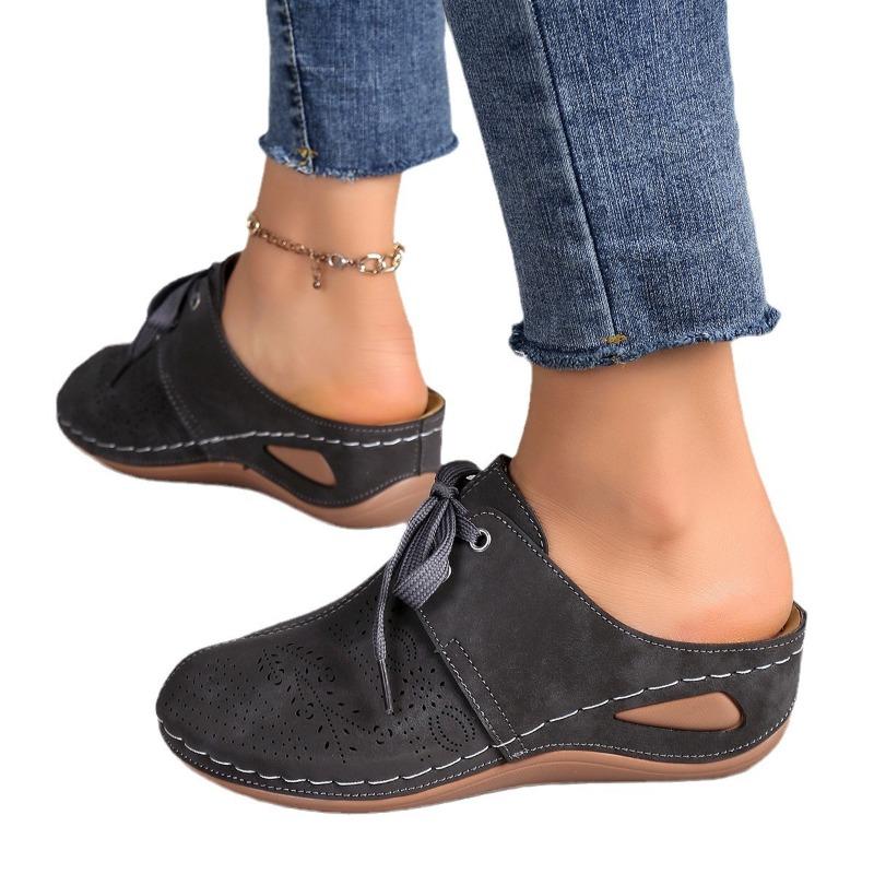New Summer Half-slipper Lace-up Wedge Heel Women's Flip-flops, Large-sized Hollowed-out Sandals