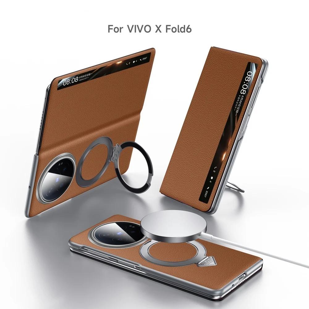 Sulada Premium Genuine Cowhide Leather Magnetic Flip Case For VIVO X Fold 6 XFold6 Ring Holder Bracket Smart Window View Cover
