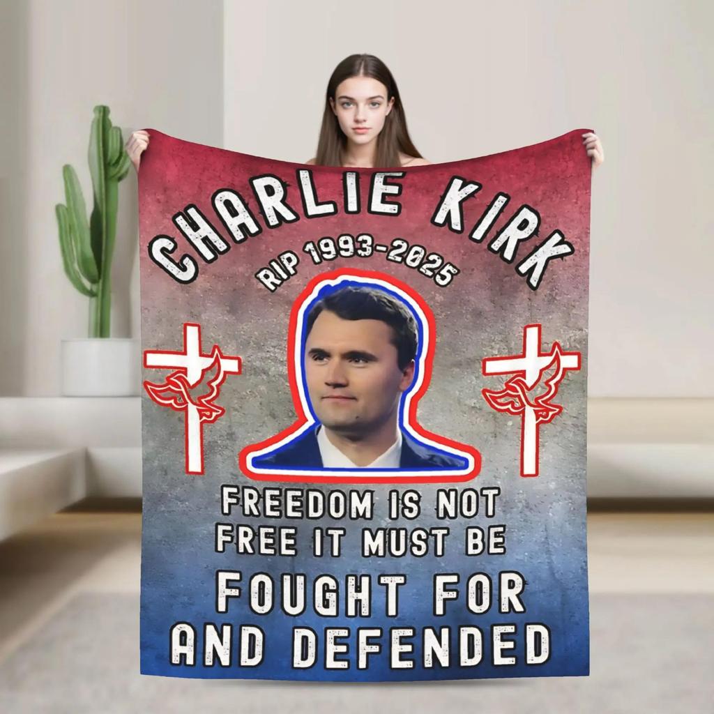 Charlie Kirk Angelic Advocate with Flag and Jesus  Soft Warm Plush Throw Blanket for Living Room Flannel Bedspread