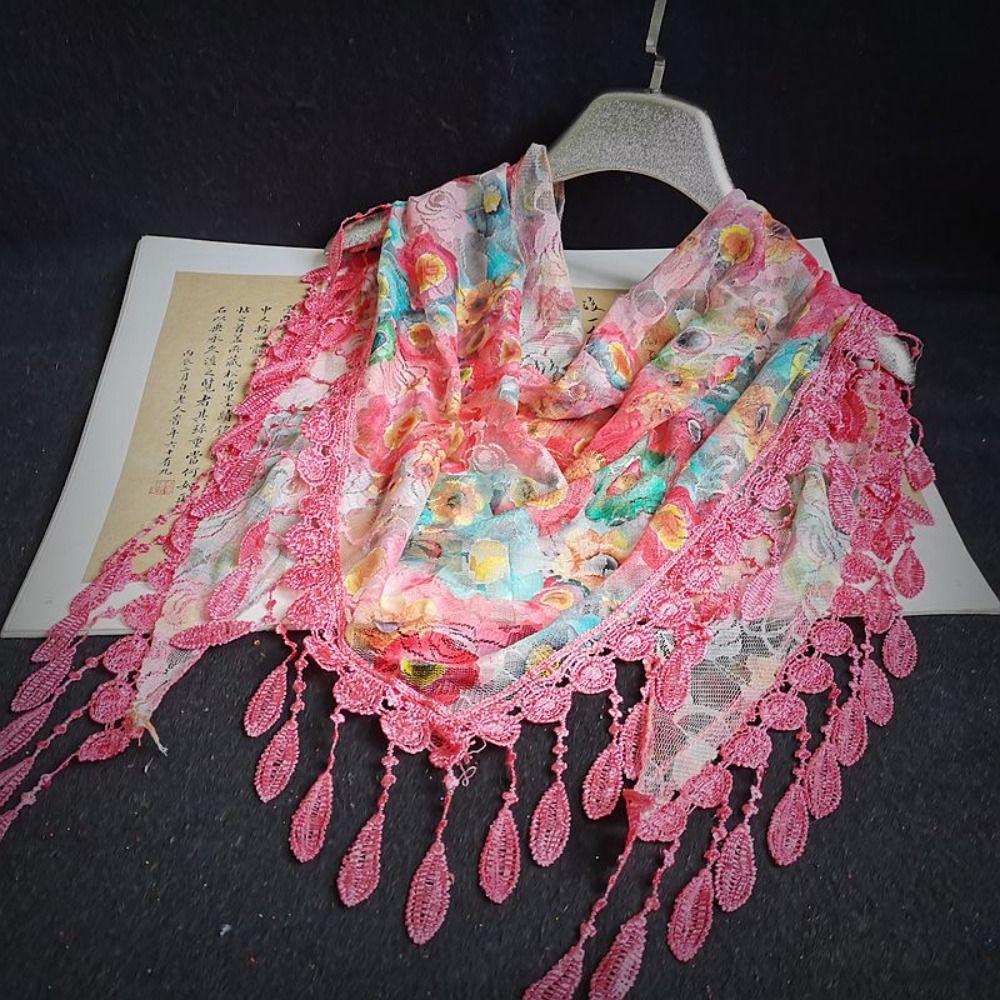 Sun Protection Printed Wraps with Tassel Flower Triangle Headband Vintage Lace Scarf Four Seasons