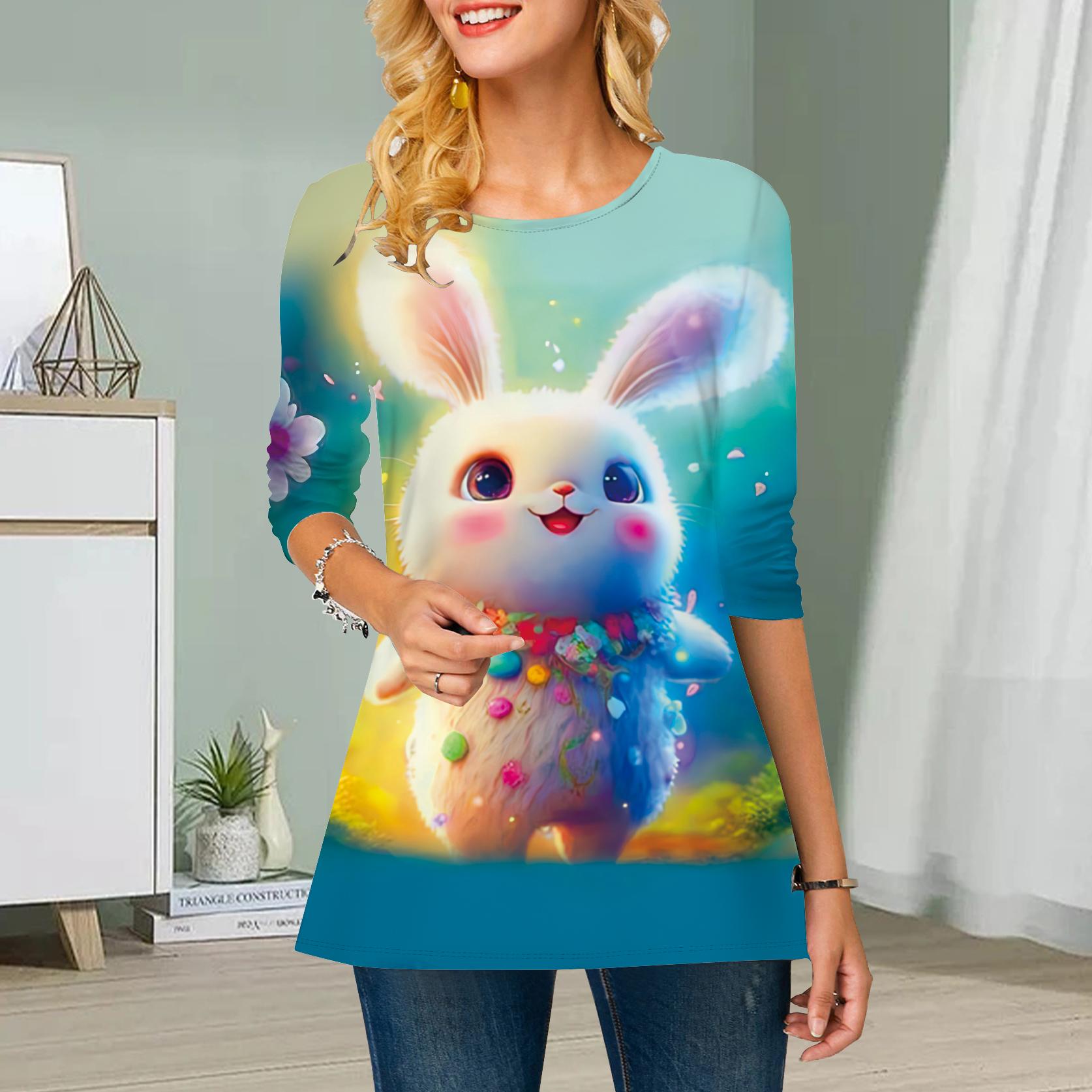 

Плюс Размер Женский Цветочный Кролик Принт Круглый Вырез Повседневный Свободный Длинный Рукав Топ 8XL светло-синий
