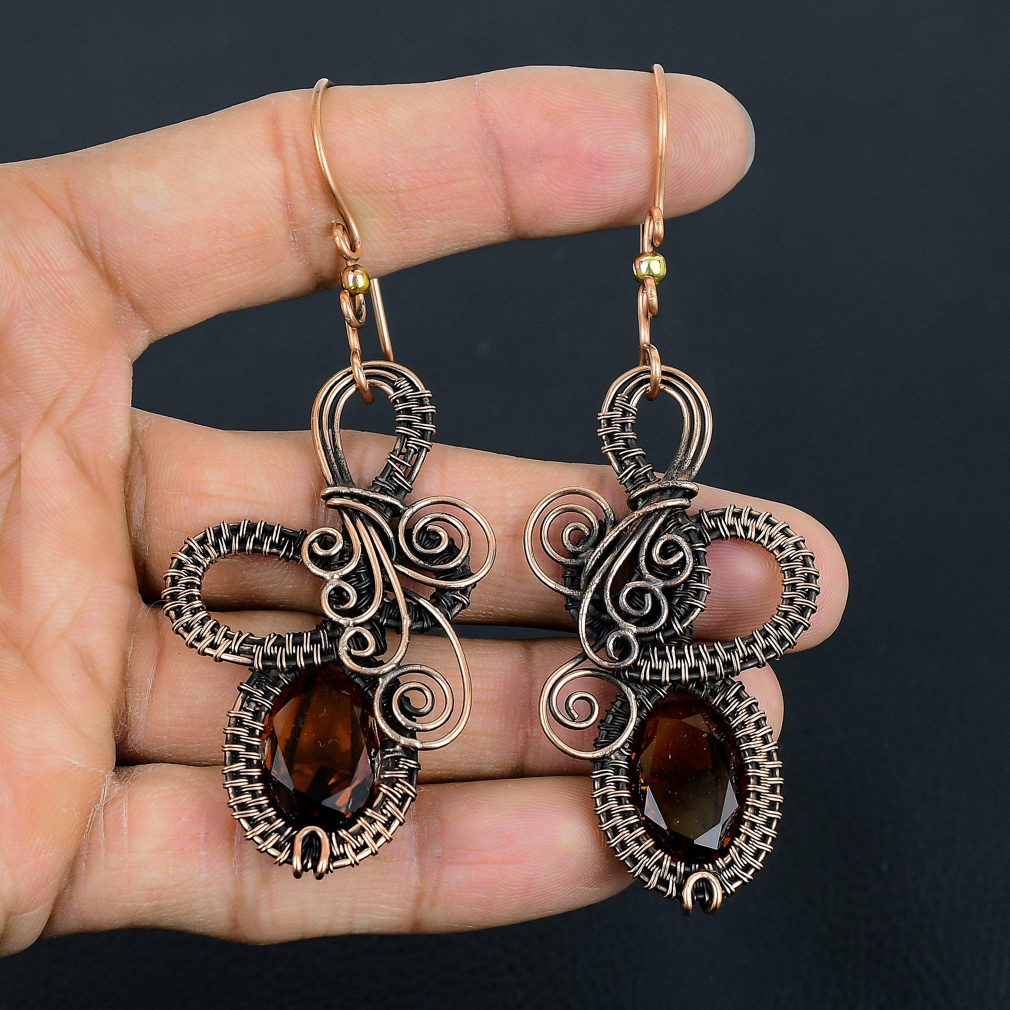 

Серьги с цитрином, Ювелирные изделия из драгоценных камней, обернутые медной проволокой 999 пробы, Серьги ручной работы, На День благодарения 2.55 Inches