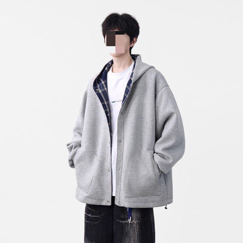 

Unisex Retro Plaid Heavyweight Cardigan Hoodie L світло-сірий колір