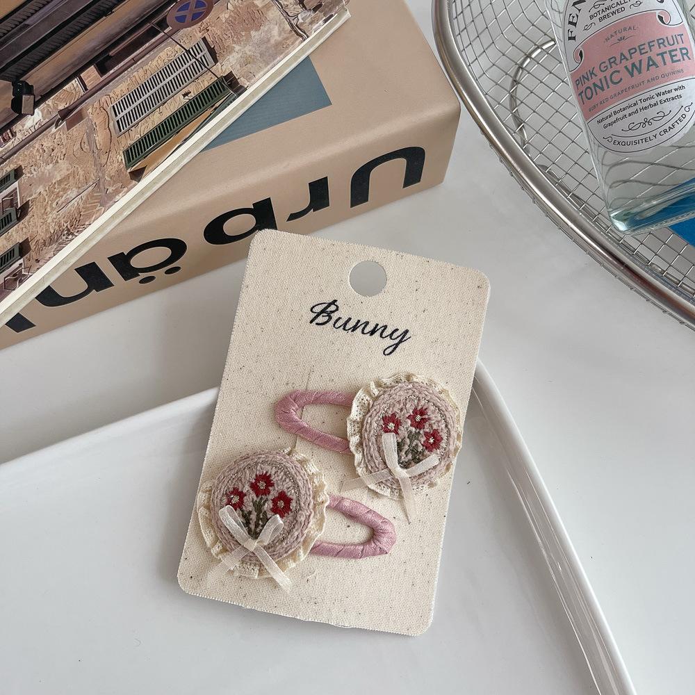 2pcs Embroidery Flower Bow BB Clip Elastic Hair Band Sweet Lace Barrettes Hairpin Bangs Side Clip Children's Hair Accessories