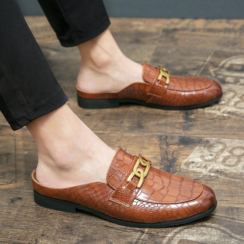 Summer Fashion Men's Crocodile Pattern Baotou Slippers New Youth Outwear Comfortable Half Slippers Lazy Shoes Men Leather Shoes