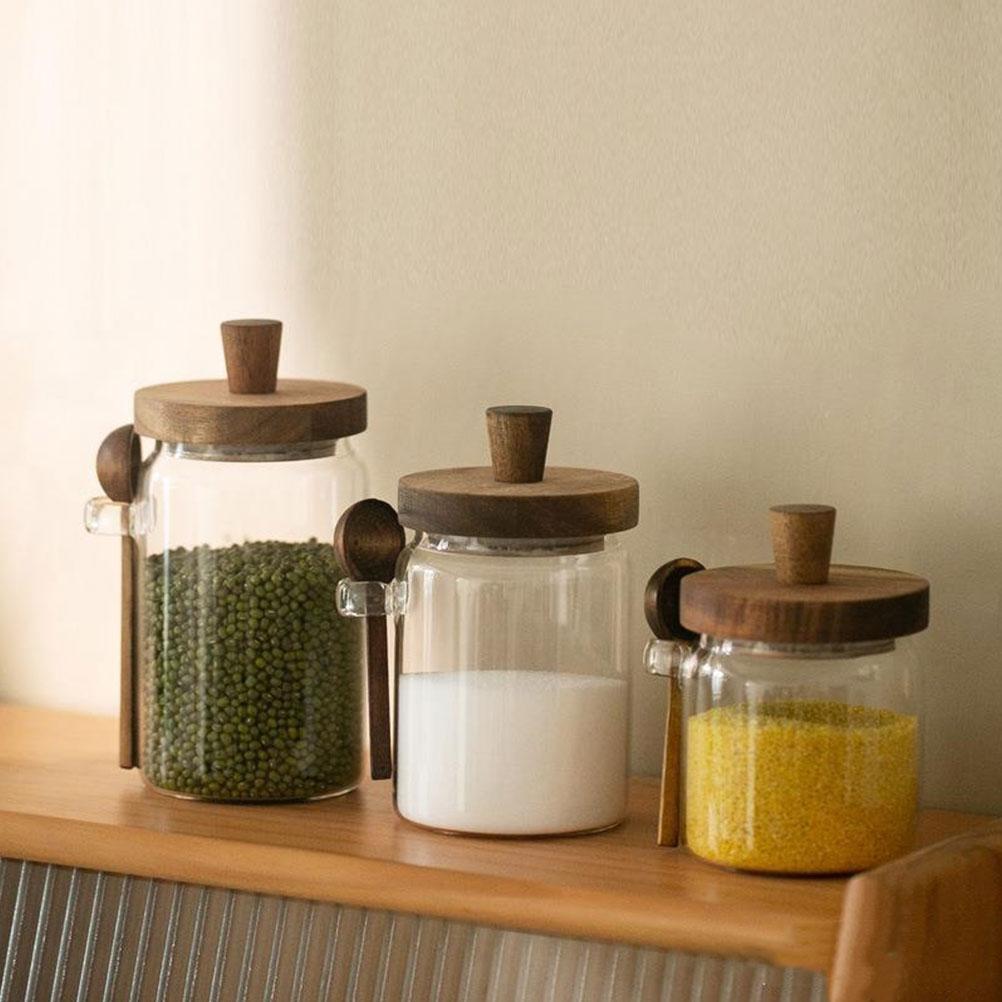 3 Sets Glass Spice Jar Sugar Holder Container with Spoon Spices Jars Seasoning Condiments Bottle Containers Seasonings