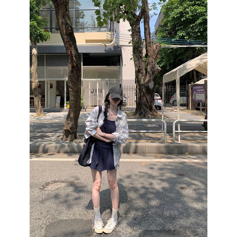 Kumikumi Fashion Suit Long Sleeves Shirt Women's Autumn Inner Suspender Vest Slimming Versatile Shorts Three-Piece Set