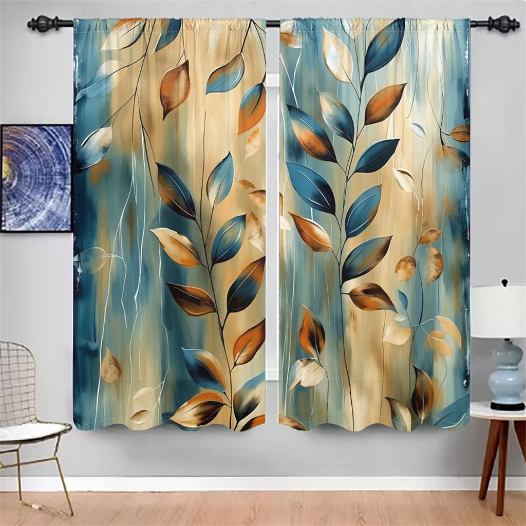 2Pcs Abstract Leaf Curtains 3D Blue Brown Botanical Pattern Living Room Bedroom Balcony Sunshade Modern Simple Decor Curtains