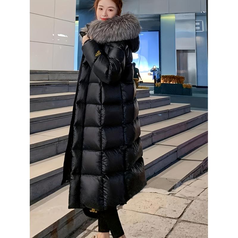 New  Women's Black and Golden Faux Padded Coat, Long Slim Fit, Thickened with Large Collar, Long Padded Padded Jacket
