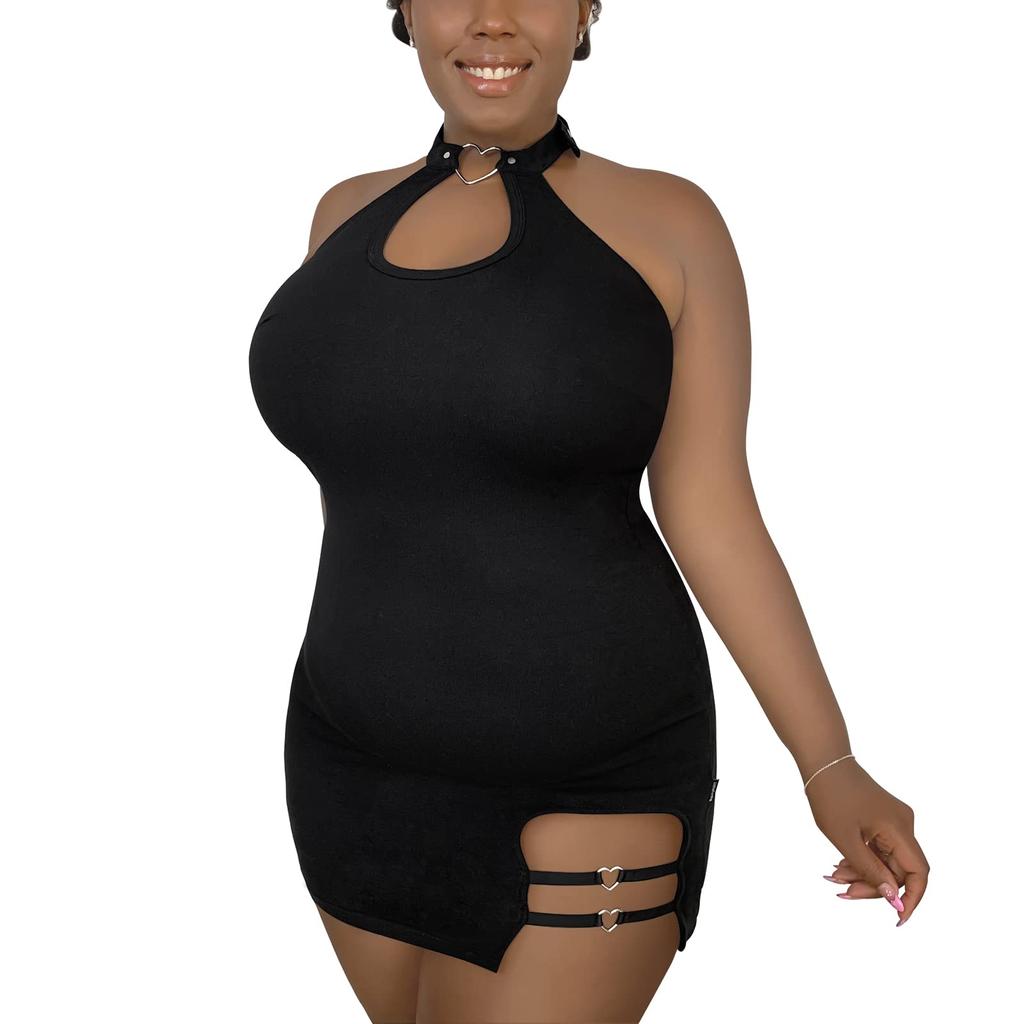 [LittleForBig] Women's Stand-Up Collar Backless Dress with Heart-Shaped Decoration, Halter Neck, Size XL