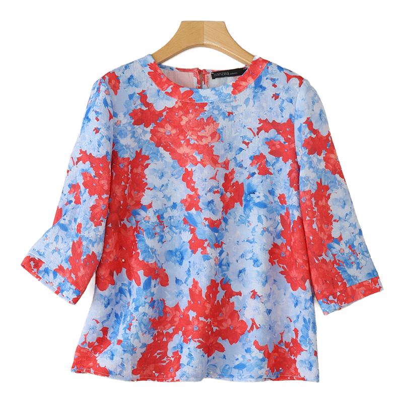 ZANZEA Women Summer Round Neck Casual 3/4 Sleeve Loose Print Blouse