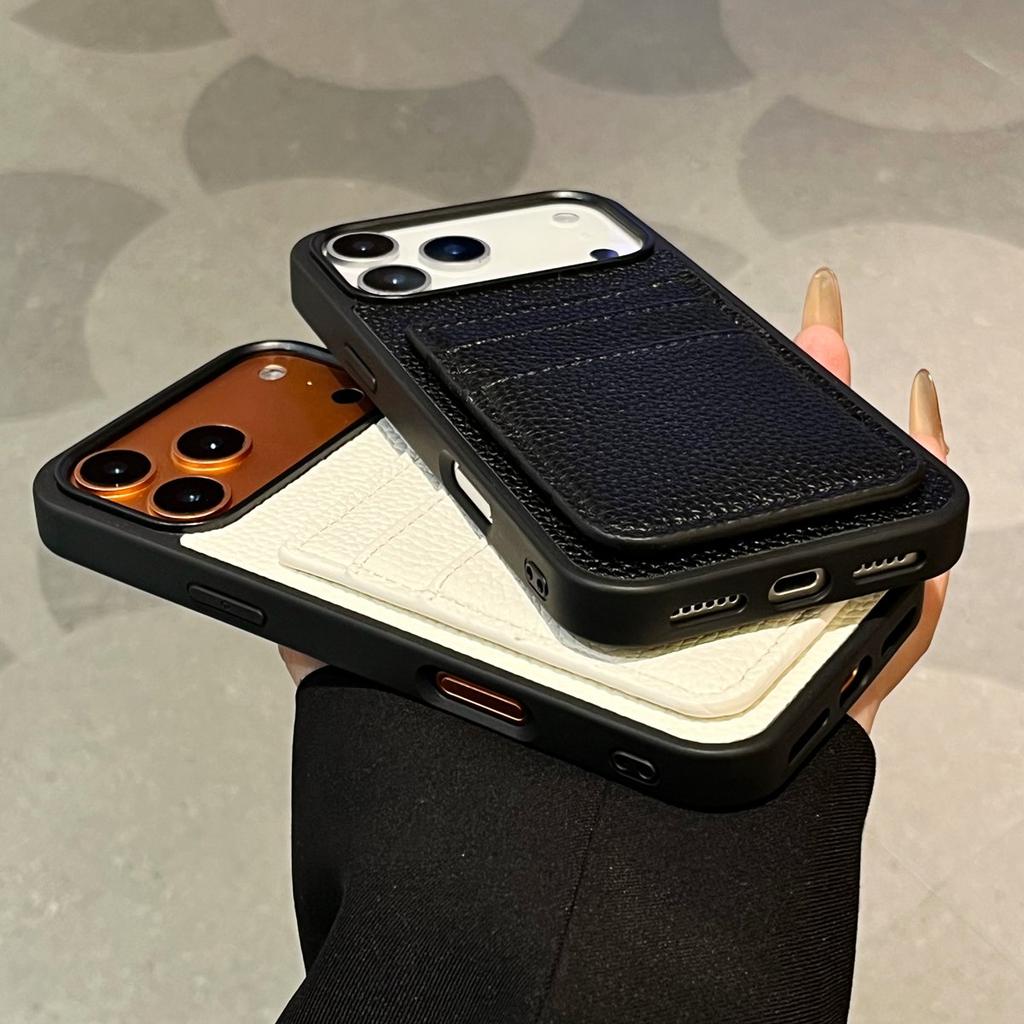 Dual Card Holder Wallet Shockproof Case For iPhone 17 Air 16 15 14 13 12 11 Pro Max Plus Lychee Leather Patterned Bumper Cover
