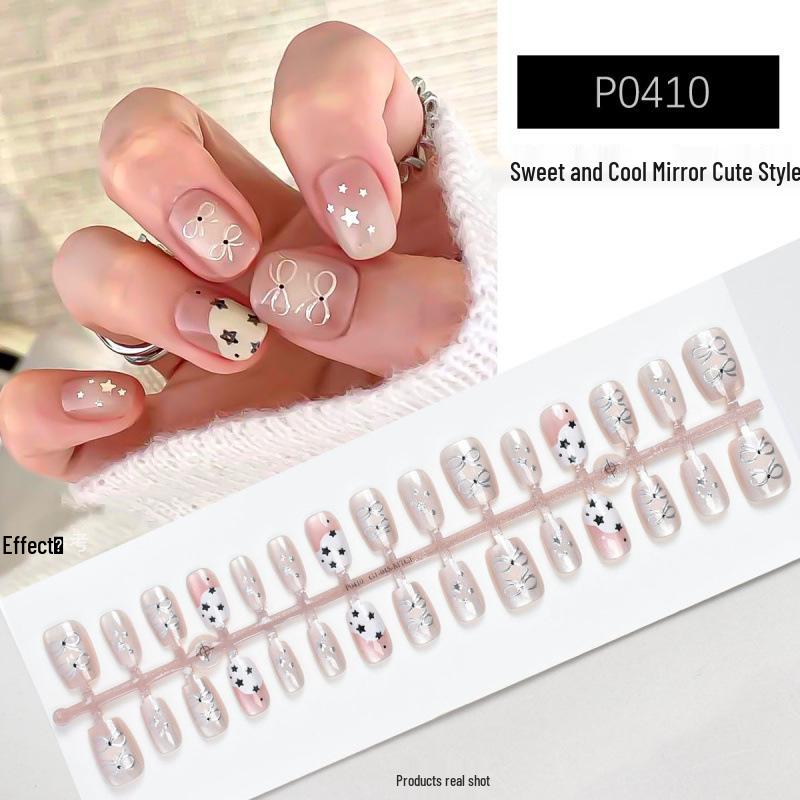 30-Piece Cute Cat Eye Mirror Nail Tips with Bow & Rabbit Cartoon Design - Versatile & Wearable Daily