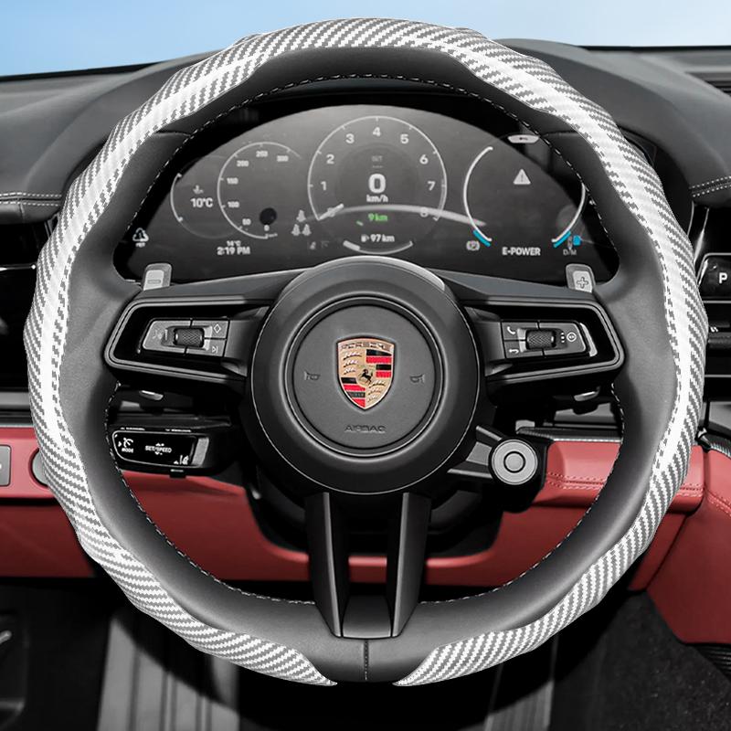 Suitable for Porsche Carbon Fiber Texture Steering Wheel Cover with Snap-On Wave-Shaped Sports Design Protective Shell for Macan Cayenne Taycan