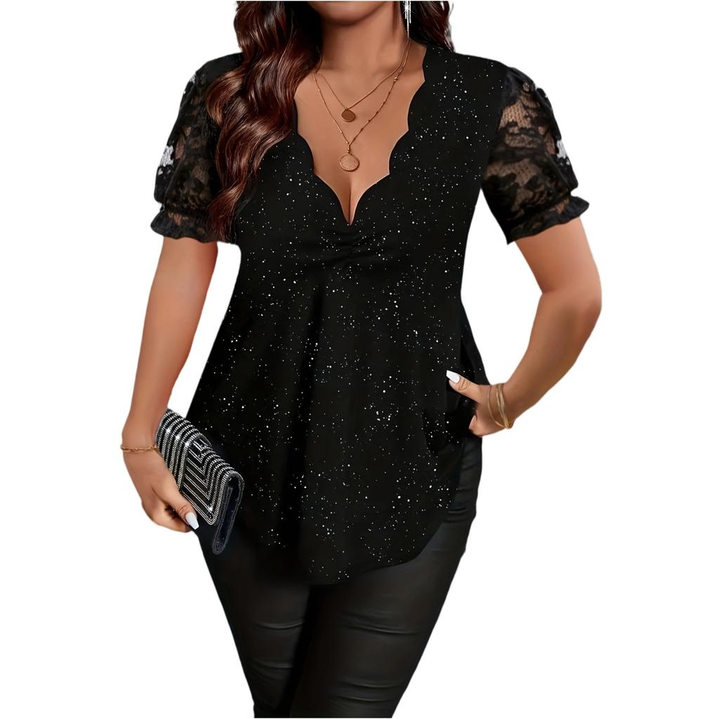 Women's Fashion Casual Lace Trim V Neck Plus Size Short Sleeve Top