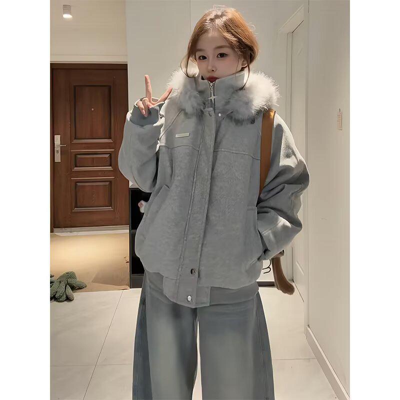 Zuoshandiao Unisex Hooded Wool Jacket with Fur Collar - Warm, Thick Cotton Outerwear for Autumn/Winter