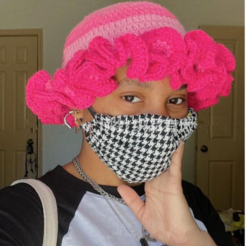 NEW Women Crochet Bucket Hats Y2k Fashion Pleated Ruffles Knitted Hat