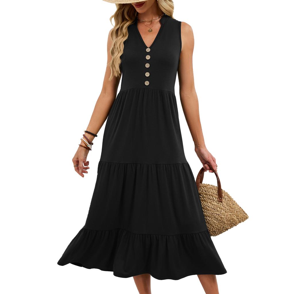 Women's Summer Casual V-Neck Button Front Sleeveless Tiered Maxi Dress Solid Color Beach Sundress