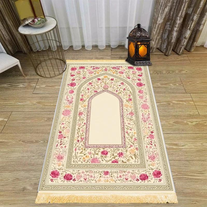 Islamitisch Gebedskleed, Draagbaar Antislip Tapijt met Bloemig Boogontwerp voor Thuis, Moskee Reisgebruik 48X98CM(1.6X3.3FT beige