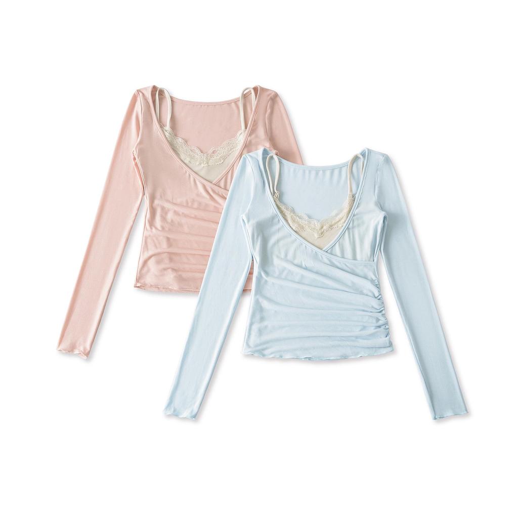2026 Summer French Lace Camisole & V-Neck Slim Fit Sheer Long Sleeve Sun Protection Women's Two-Piece Set