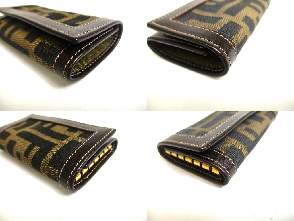 Authentischer FENDI Zucca Khaki Canvas Dunkelbraunes Leder 6er Schlüsselanhänger #a455 Überholt