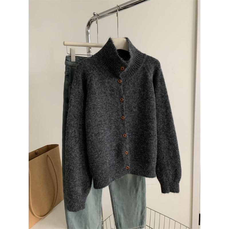 Korean Minimalist Wool High Neck Women's Button-Up Cardigan – Trendy Autumn/Winter Knitwear